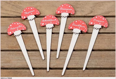 Gartenstecker Kräuterstecker Pilz Design Holz Beschriftung 6er Set