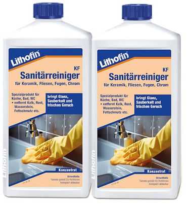 Lithofin KF Sanitärreiniger, Reiniger für Keramik Chrom Fliesen Glas Kunststoff 2 x 1 Liter