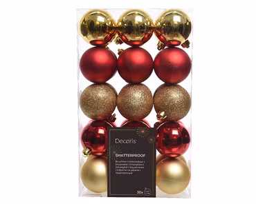 Weihnachtsbaumkugeln bruchfest Ø 6 cm 30 Stück rot/gold matt/glitter