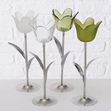 Teelichthalter Tulpe Eisen Glas Tulpen grün oder weiß H.24 cm 2er Set
