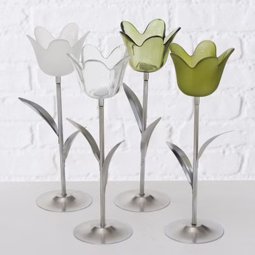 Teelichthalter Tulpe Eisen Glas Tulpen Form grün oder weiß lackiert H 24 cm Stück