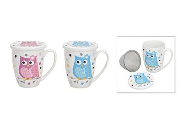 Teetasse Teebecher Set Sieb und Deckel Porzellan Eule blau rosa 6 tlg