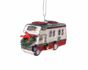 Christbaumschmuck Wohnmobil Glas 11 cm weiß/rot