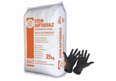 Steinauftausalz 25 kg Kornklasse M inkl. 1 Paar Einweghandschuhe