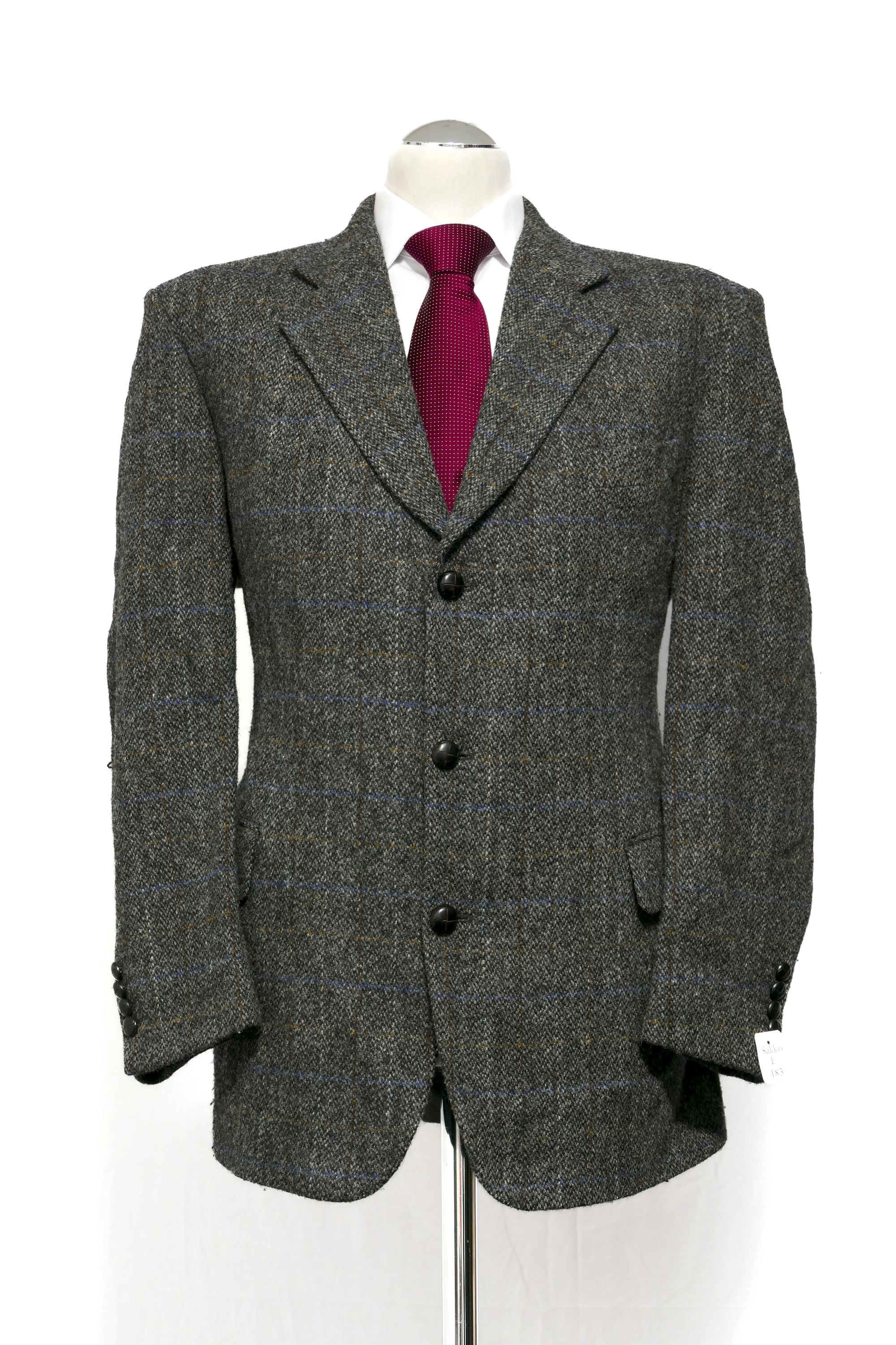 Harris Tweed jacket jacket 26 gray dark gray check single breasted 3 button leather buttons Harris Tweed jacket jacket 26 gray dark gray check single breasted 3 button leather buttons