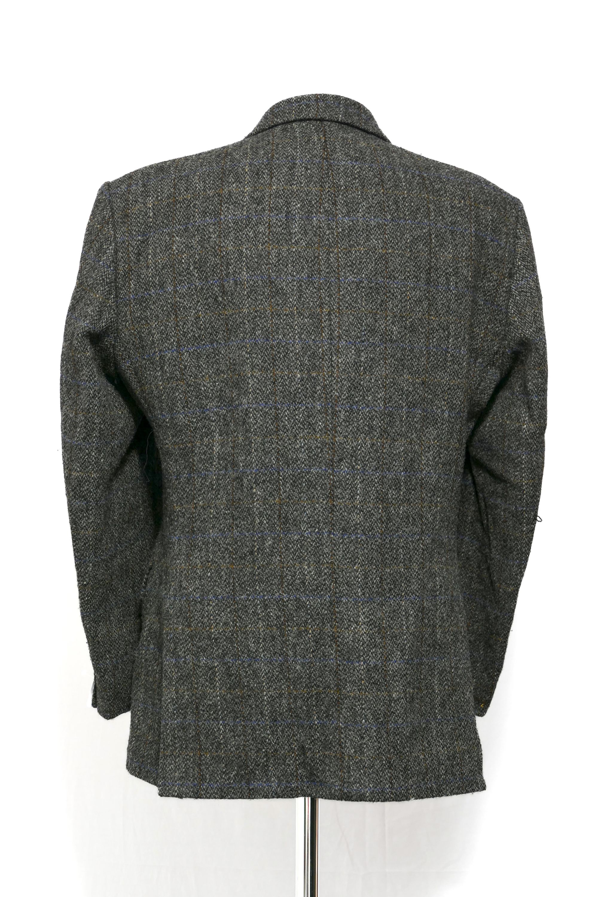 Harris Tweed jacket jacket 26 gray dark gray check single breasted 3 button leather buttons Harris Tweed jacket jacket 26 gray dark gray check single breasted 3 button leather buttons