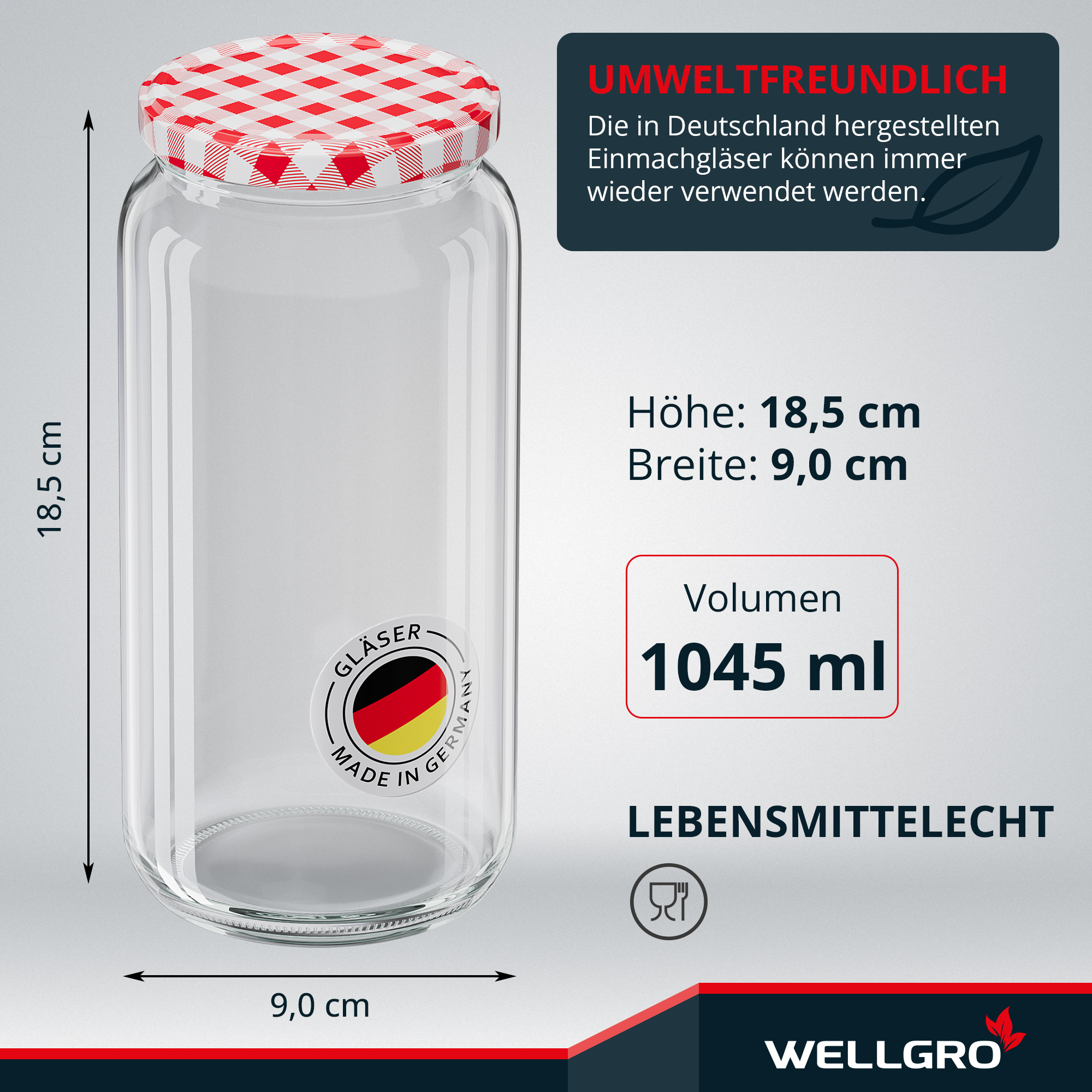 WELLGRO Einmachgläser rot kariert mit Schraubdeckel TO 82 – rot kariert - Made in Germany - Luftdichte Rundgläser ideal zum Einkochen und Aufbewahren