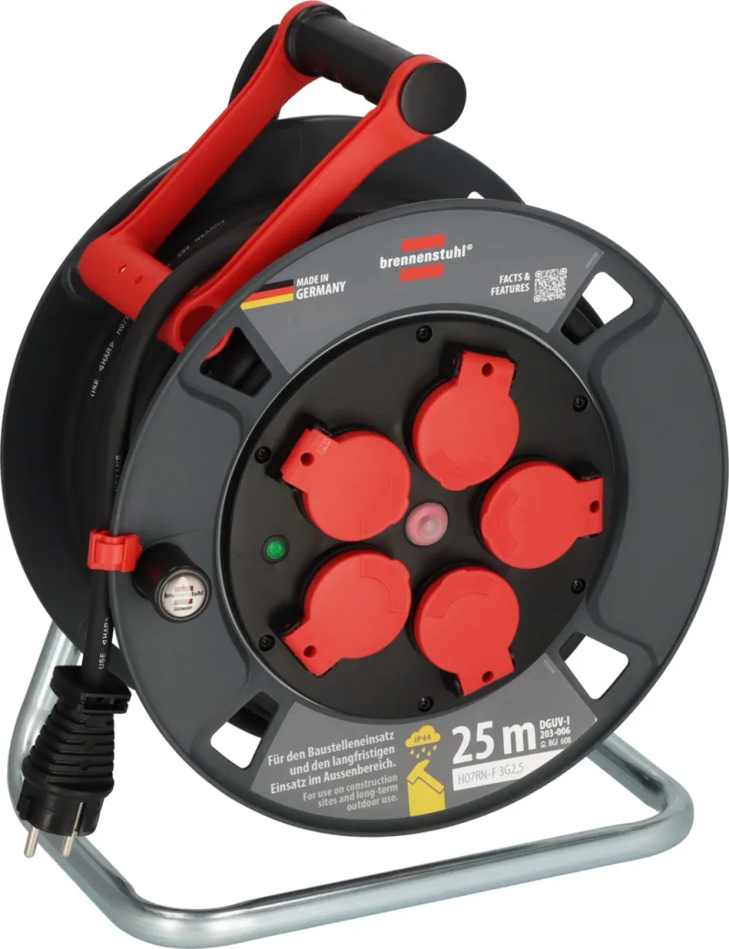 Brennenstuhl Professional Kabeltrommel 300 KU mit rotem 5-fach Steckdoseneinsatz und schwarzem RN-Kabel