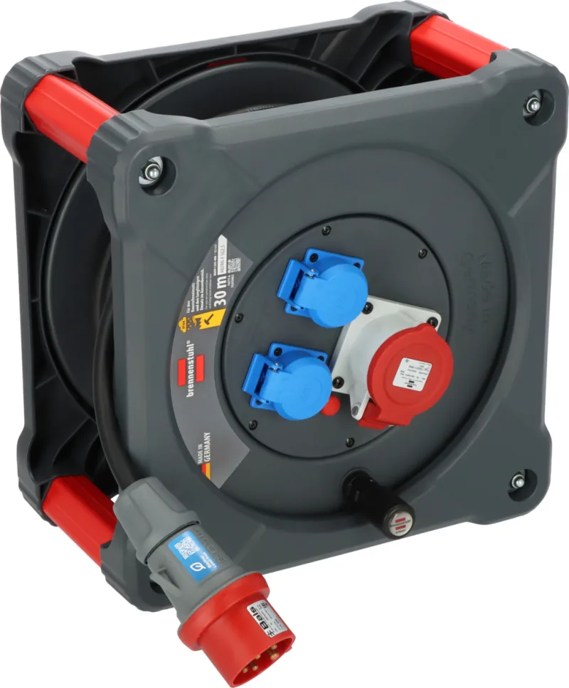 Brennenstuhl Professional CEE-Kabeltrommel KD mit roter CEE-Steckdose und zwei blauen Schutzkontakt-Steckdosen
