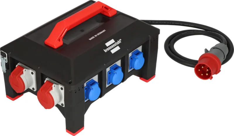 Brennenstuhl Professional Gummi-Baustromverteiler BSV mit CEE- und Schutzkontakt-Steckdosen und rotem Tragegriff