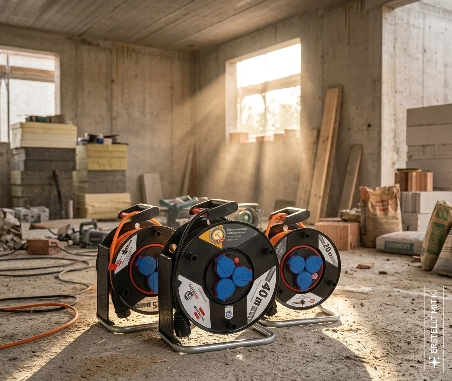Drei Brennenstuhl Profi-Kabeltrommeln exklusiv für Gotools mit 40 m, 25 m und 20 m Kabel auf einer Rohbau-Baustelle im Gegenlicht