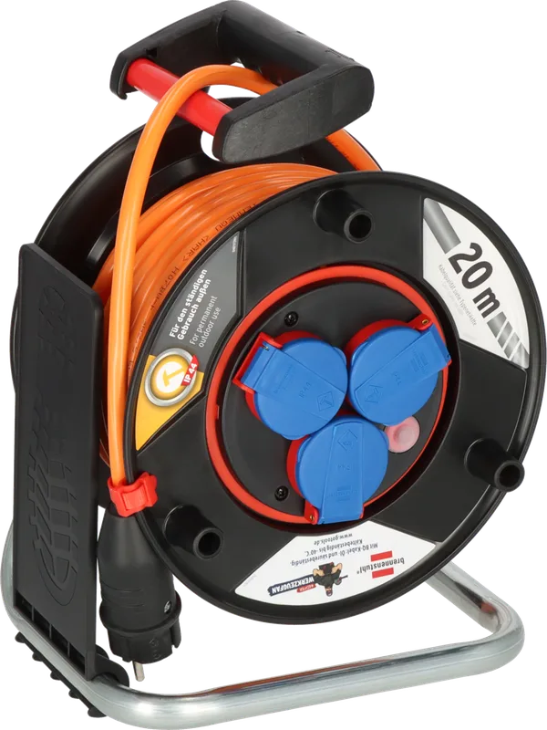 Brennenstuhl Profi-Kabeltrommel Echter Werkzeugfan Edition mit 20 m orangefarbenem H07BQ-F Kabel 3G2,5 und drei Schutzkontakt-Steckdosen