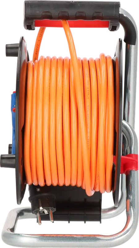 Seitenansicht der Brennenstuhl Profi-Kabeltrommel 25 m mit ergonomischem Handgriff und gleichmäßig aufgewickeltem orangefarbenem BQ-Kabel