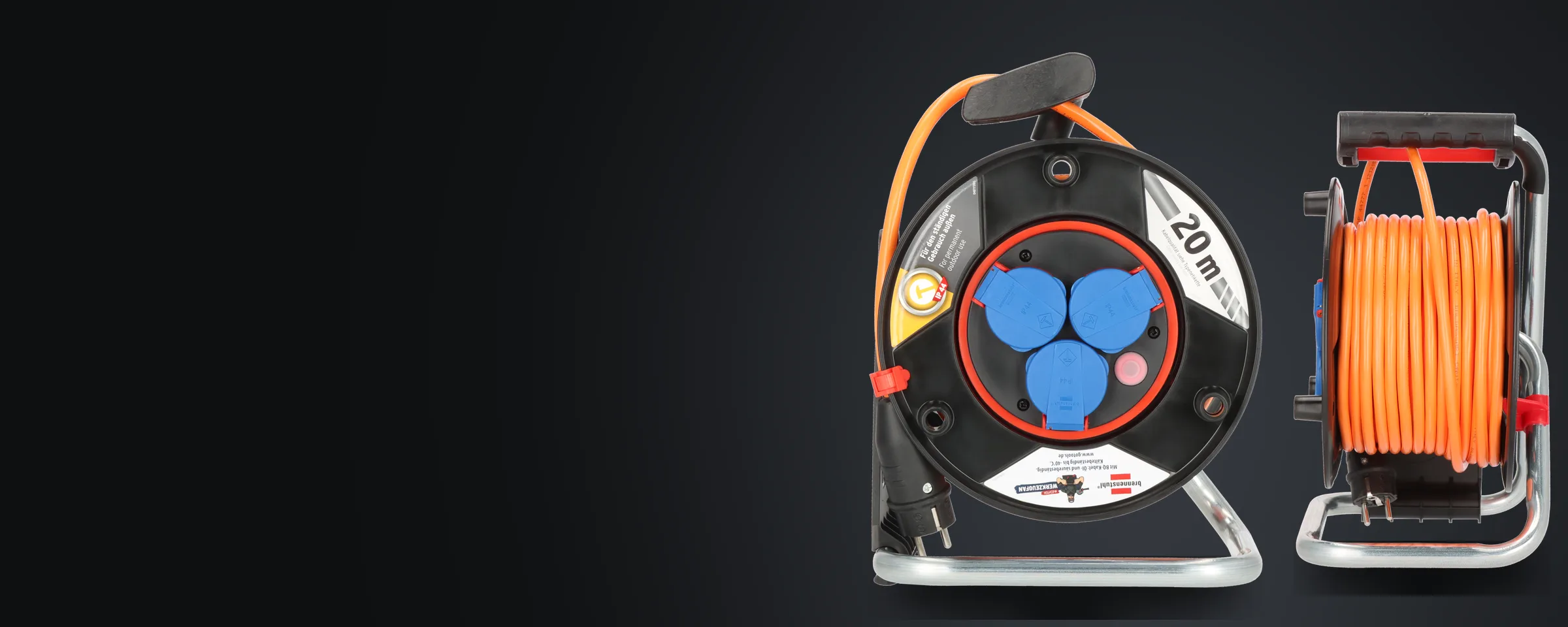 Brennenstuhl Profi-Kabeltrommel 20 m Echter Werkzeugfan Edition von vorne und von der Seite mit orangefarbenem BQ-Kabel