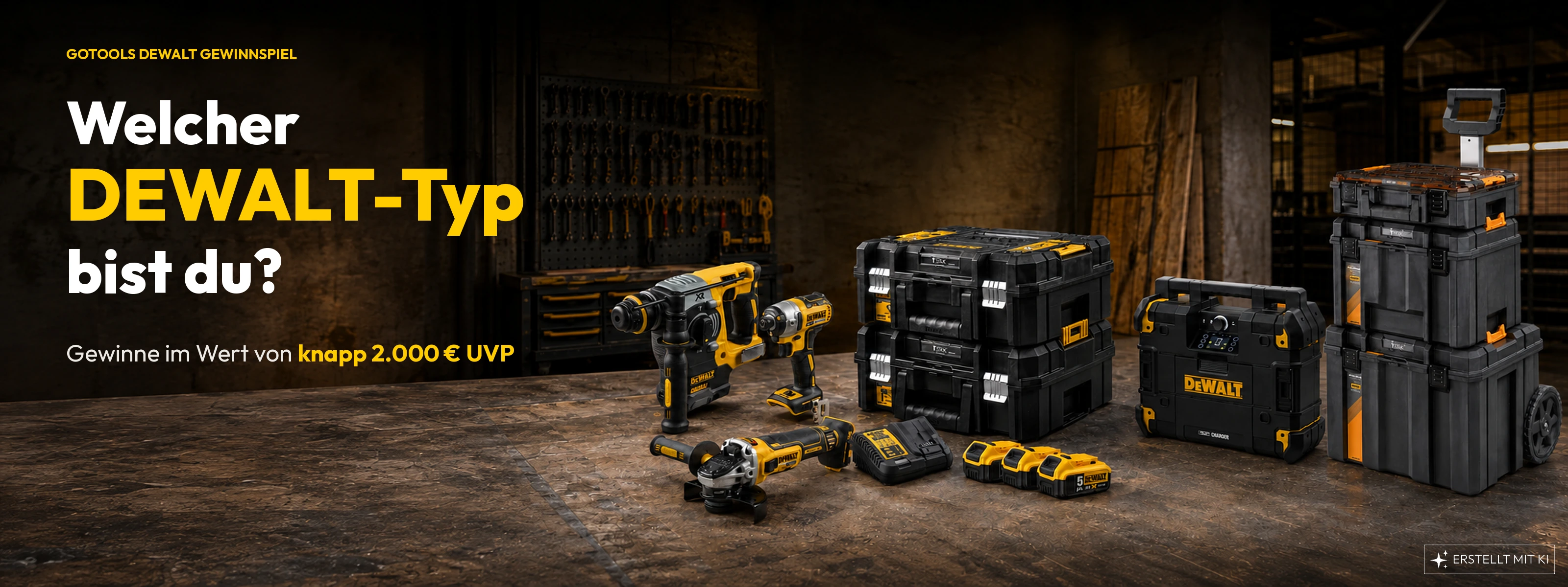 Welcher DeWALT-Typ bist du? Gewinne im Wert von knapp 2.000 € UVP. DeWALT Werkzeuge auf einer Werkbank. Erstellt mit KI.
