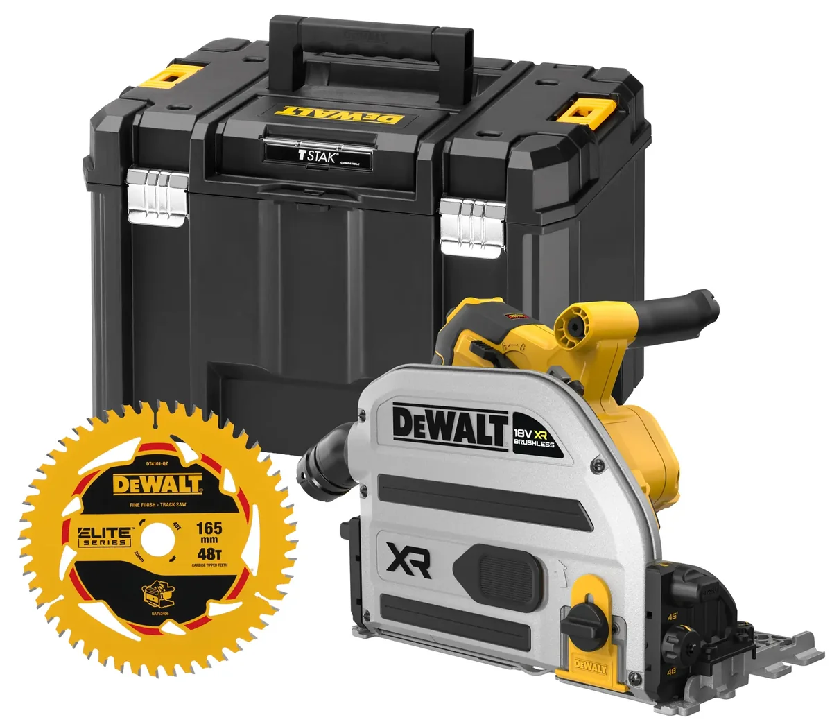 Lieferumfang der DEWALT DCS525NT mit ELITE Sägeblatt und TSTAK VI Koffer