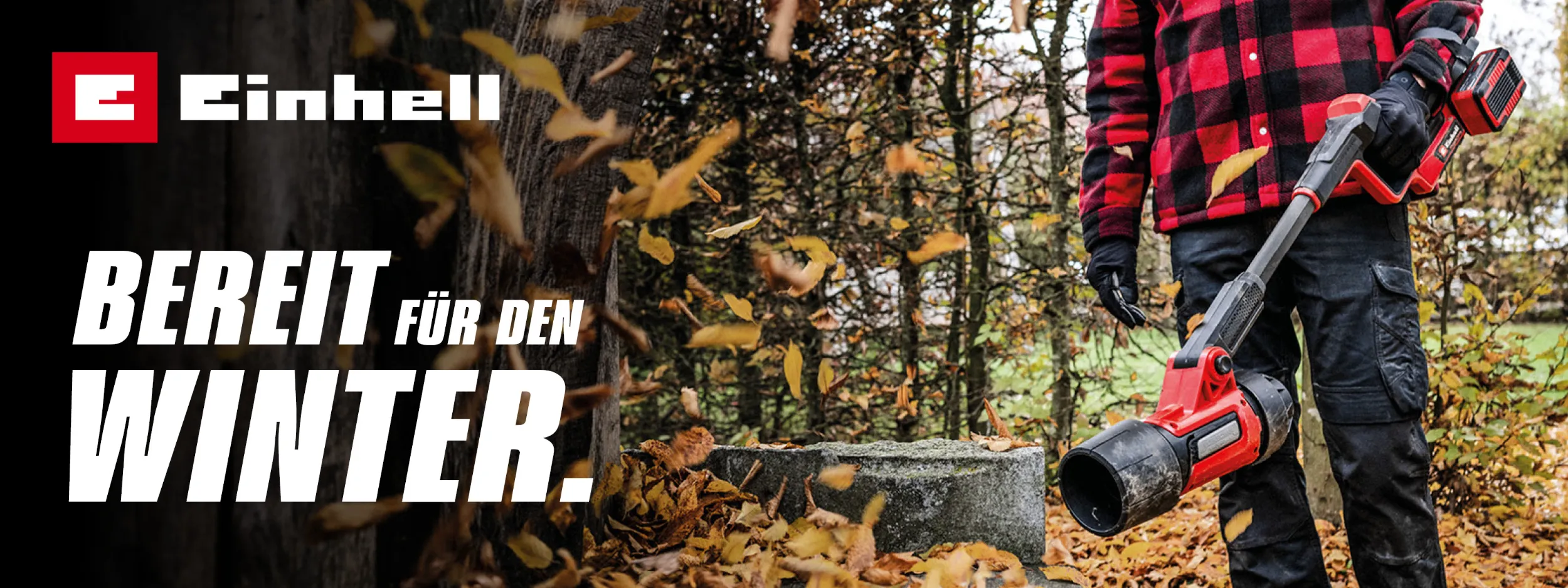 Einhell – Bereit für den Winter. Akku-Laubbläser im herbstlichen Garten.