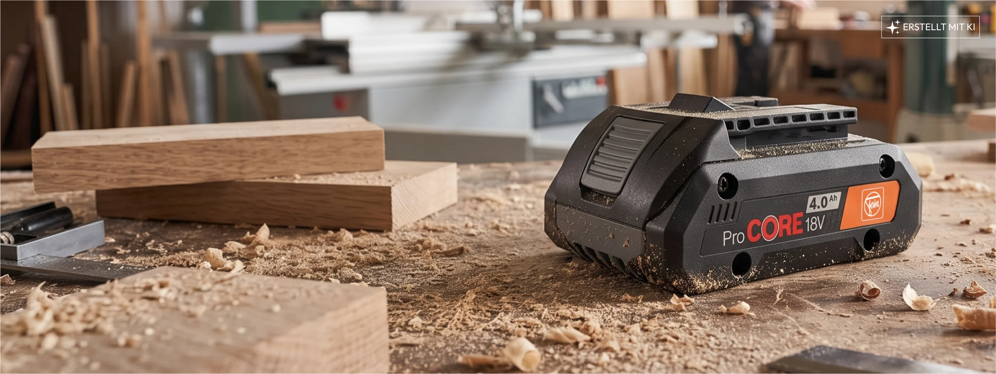 FEIN ProCORE Akku 18 V 4,0 Ah auf einer Werkbank – gratis zu ausgewählten FEIN Akkugeräten, 01.10. bis 31.12.2026