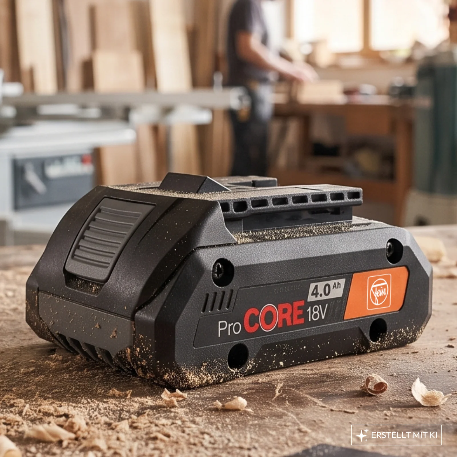 FEIN ProCORE Akku 18 V 4,0 Ah auf einer Werkbank – gratis zu ausgewählten FEIN Akkugeräten, 01.10. bis 31.12.2026