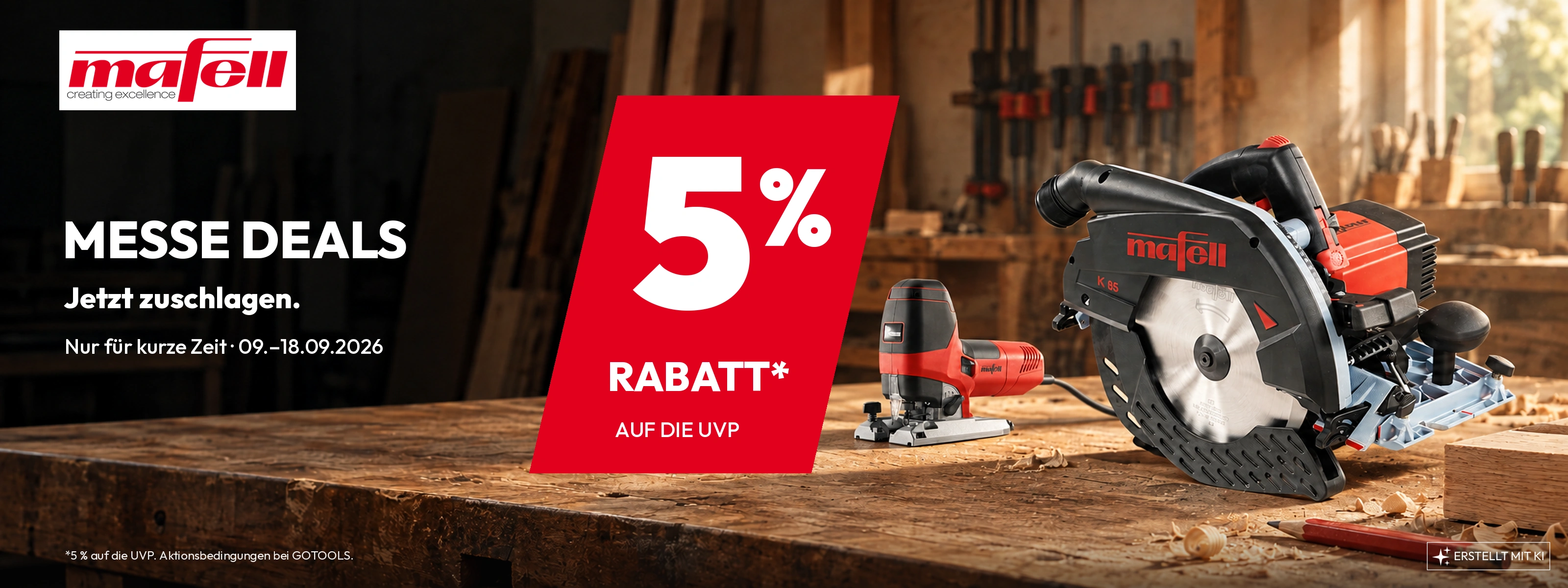MAFELL Messe Deals: 5 Prozent Rabatt auf die UVP. Präzision zum Messedealpreis. Nur vom 09. bis 18. September 2026.