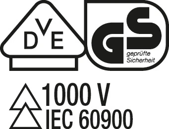 Prüfzeichen auf VDE-Werkzeug: VDE-GS-Zeichen für geprüfte Sicherheit sowie Doppeldreieck mit 1000 V und IEC 60900