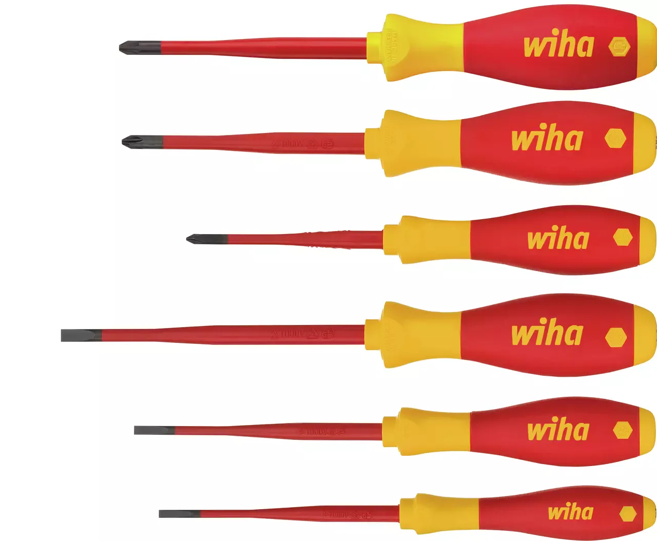 Sechs isolierte Wiha VDE-Schraubendreher SoftFinish electric slimFix mit rot-gelben Griffen