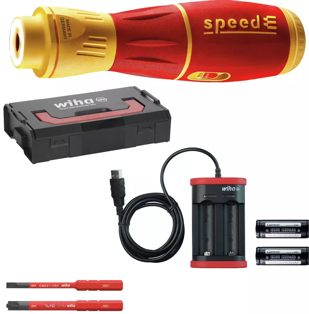 Wiha E-Schraubendreher speedE II electric mit slimBits, Batterien, Ladegerät und L-Boxx Mini