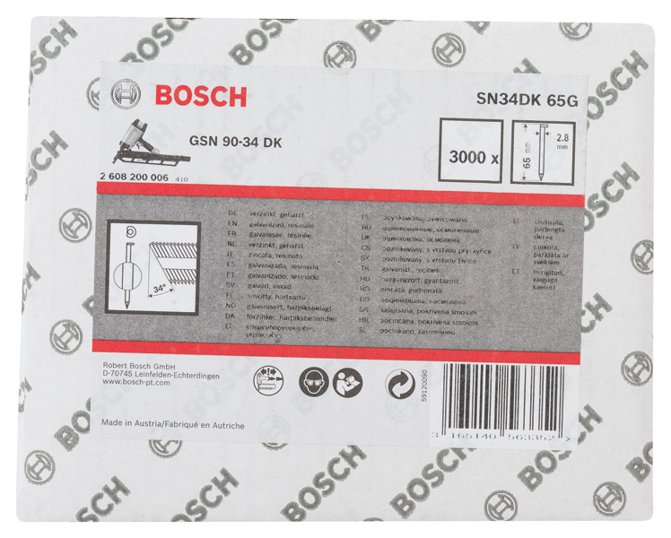 Bosch D-Kopf Streifennagel SN34DK 65G 2,8 mm, 65 mm, verzinkt, glatt