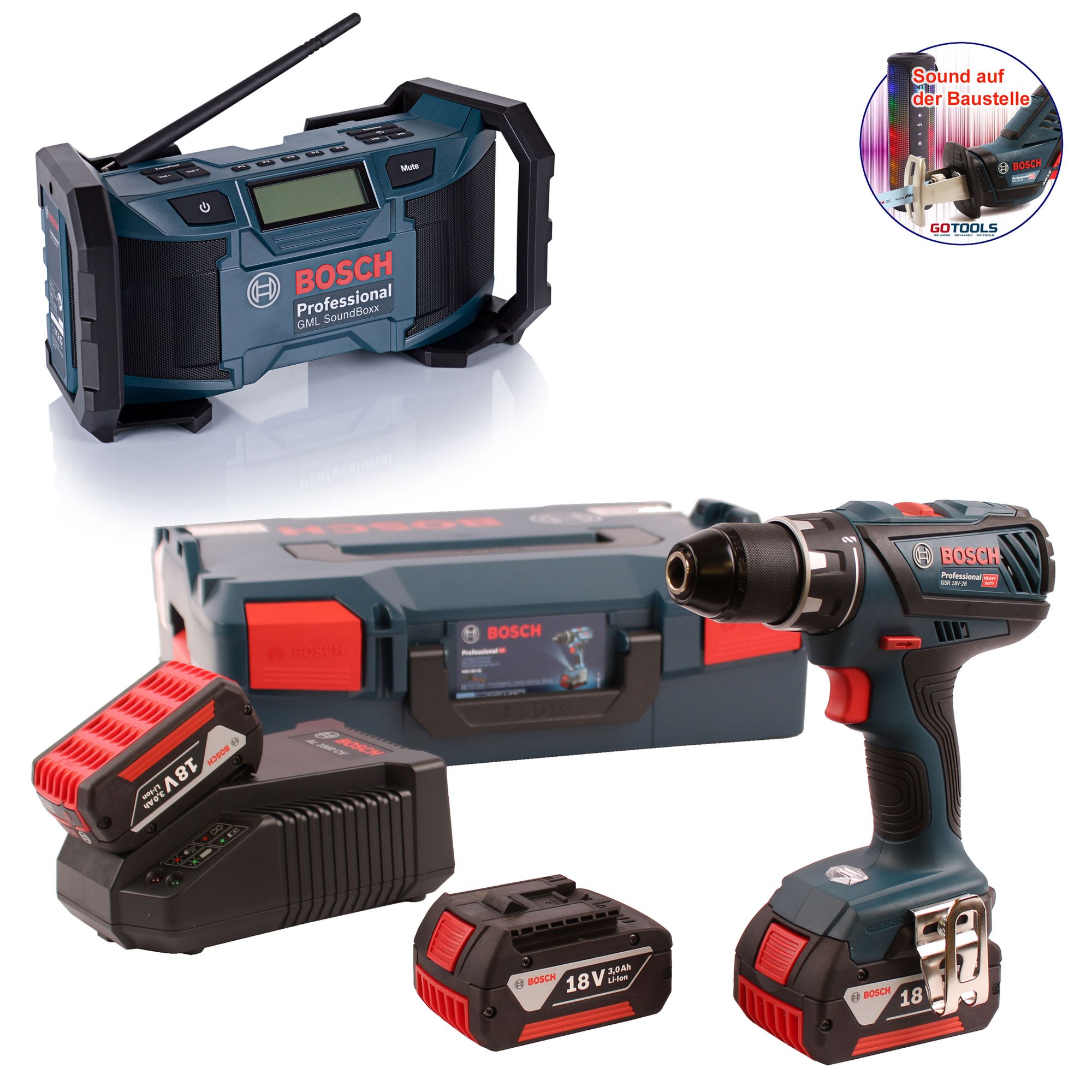 Sound auf der Baustelle: Bosch GSR 18V-28 Set + Baustellenradio GML SoundBoxx