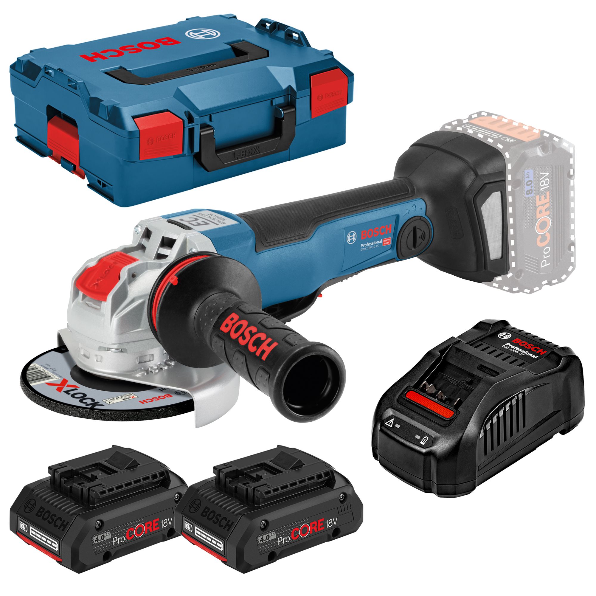 Bosch X-LOCK Akku-Winkelschleifer GWX 18V-10PC 2x 4,0Ah ProCORE | Lader | L-BOXX