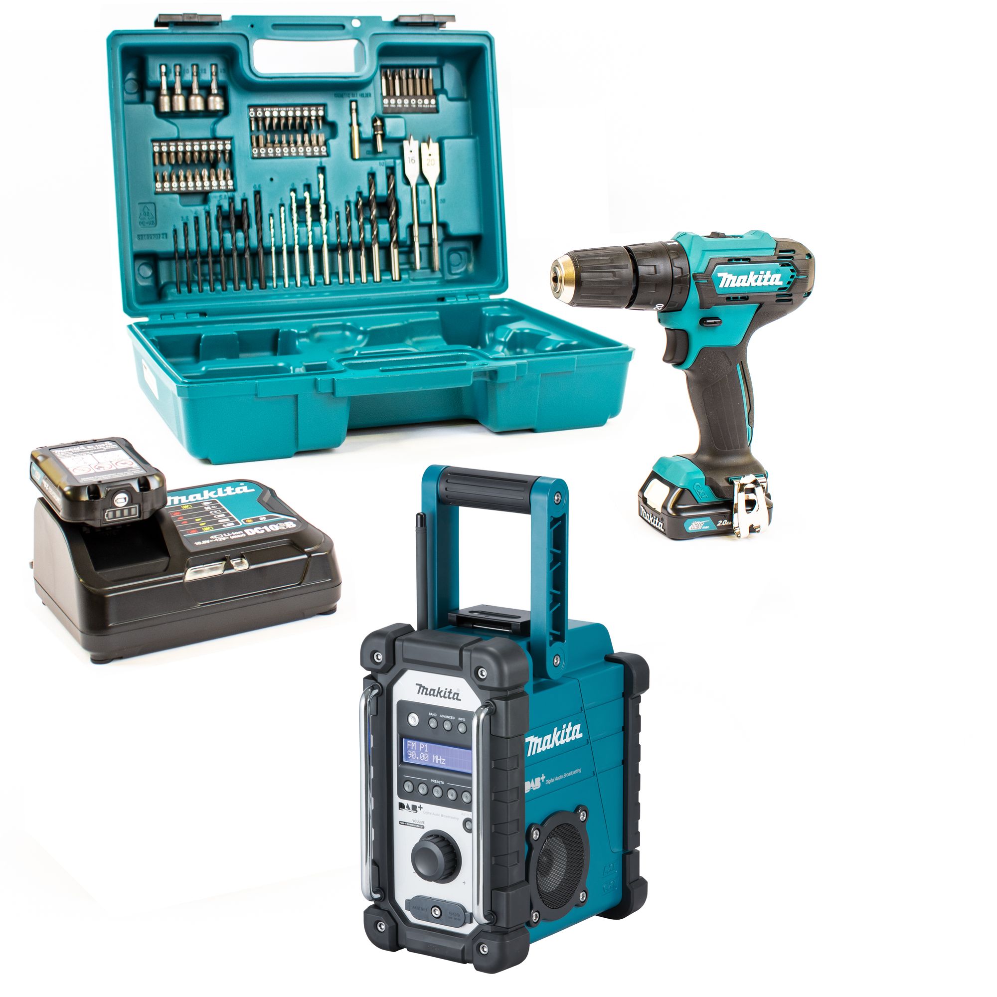 Makita Baustellenradio DMR110 + Schlagbohrschr. HP333DSAX1 2x 2,0Ah|Lader|Koffer