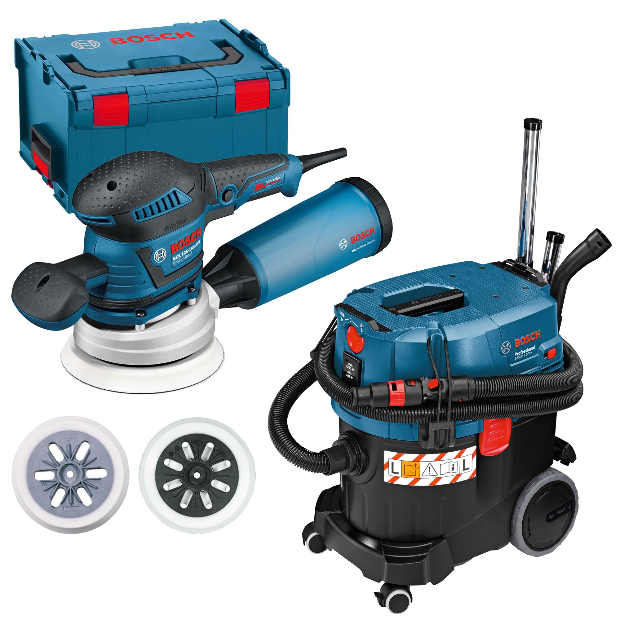 Bosch GEX 125-150 AVE in L-BOXX Gr. 3 + Bosch Nass-/Trockensauger GAS 35 L SFC+