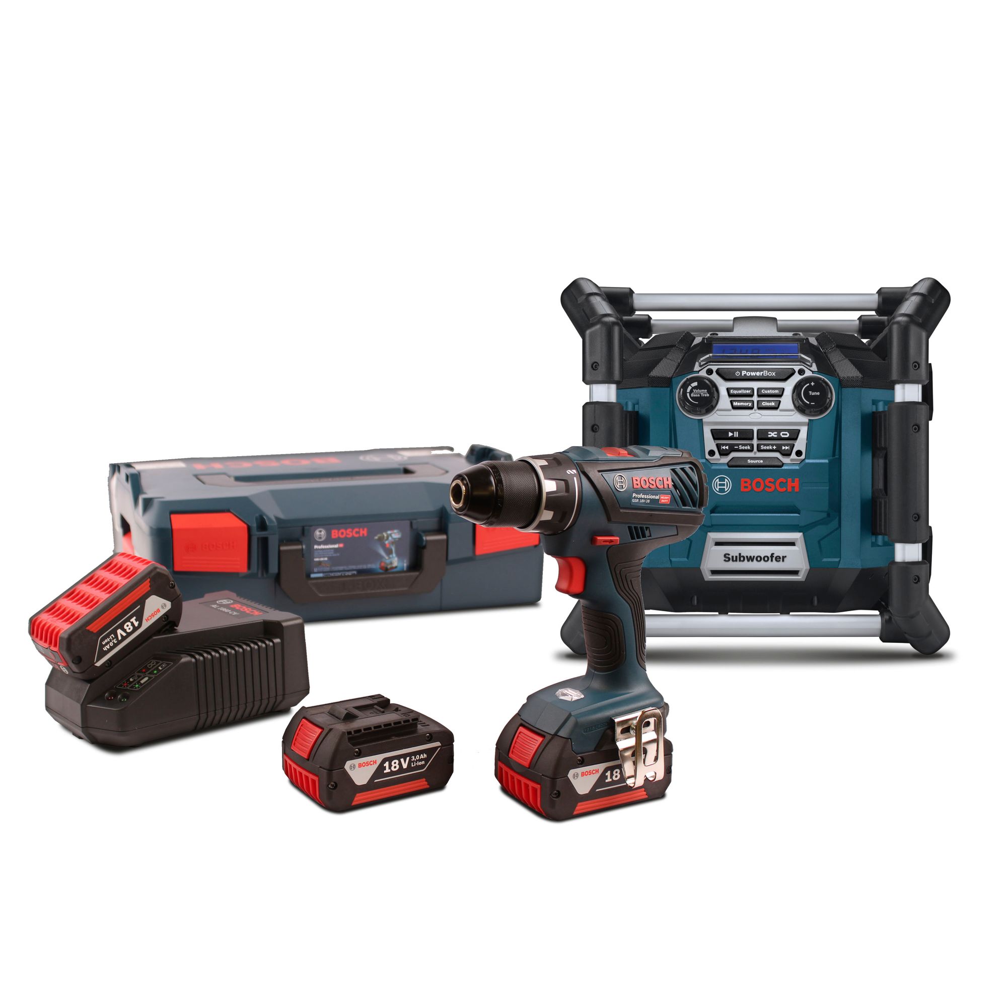 BOSCH GSR 18V-28 | 3x 3,0 Ah | Lader | L-Boxx + Bosch Baustellen-Radio GML 20