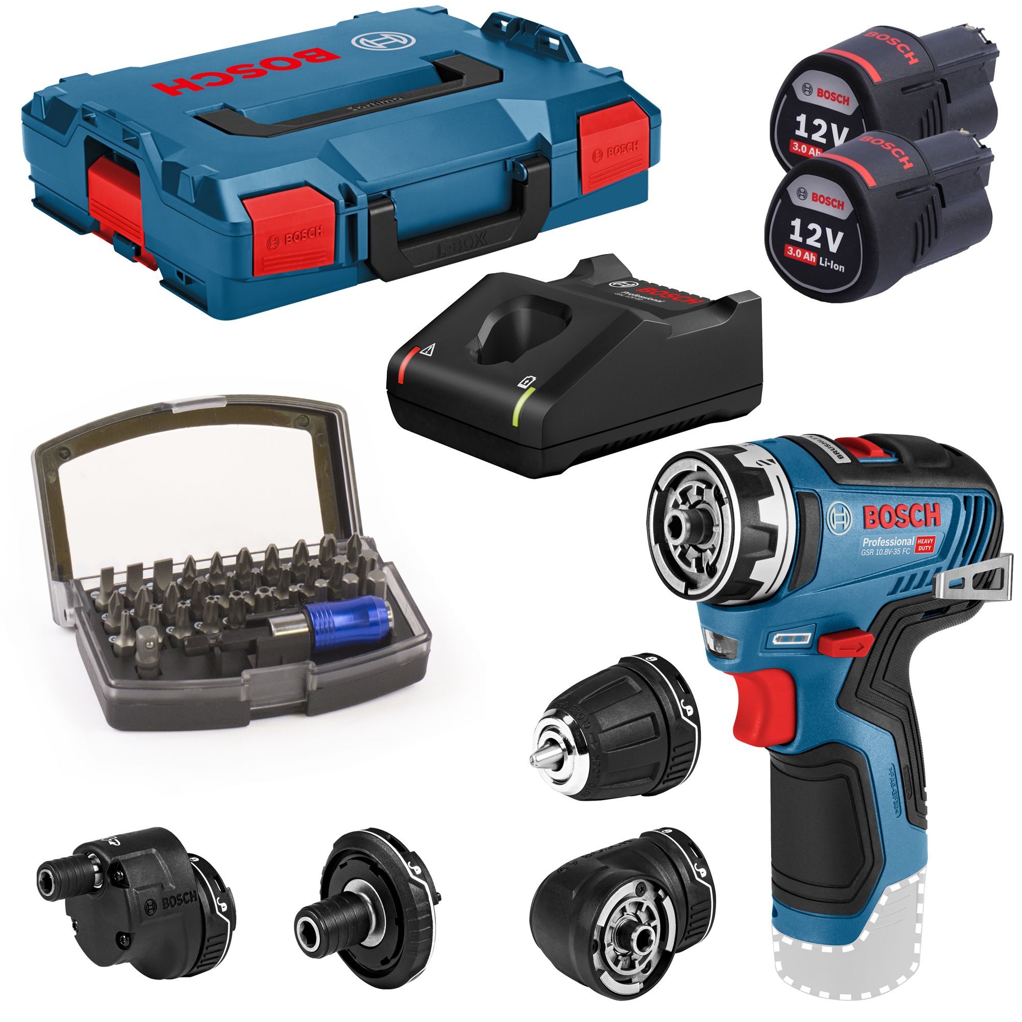 Bosch Akku-Bohrschrauber GSR 12V-35 FC Akkus|Lader|4 Aufsätze|L-BOXX + GT81004