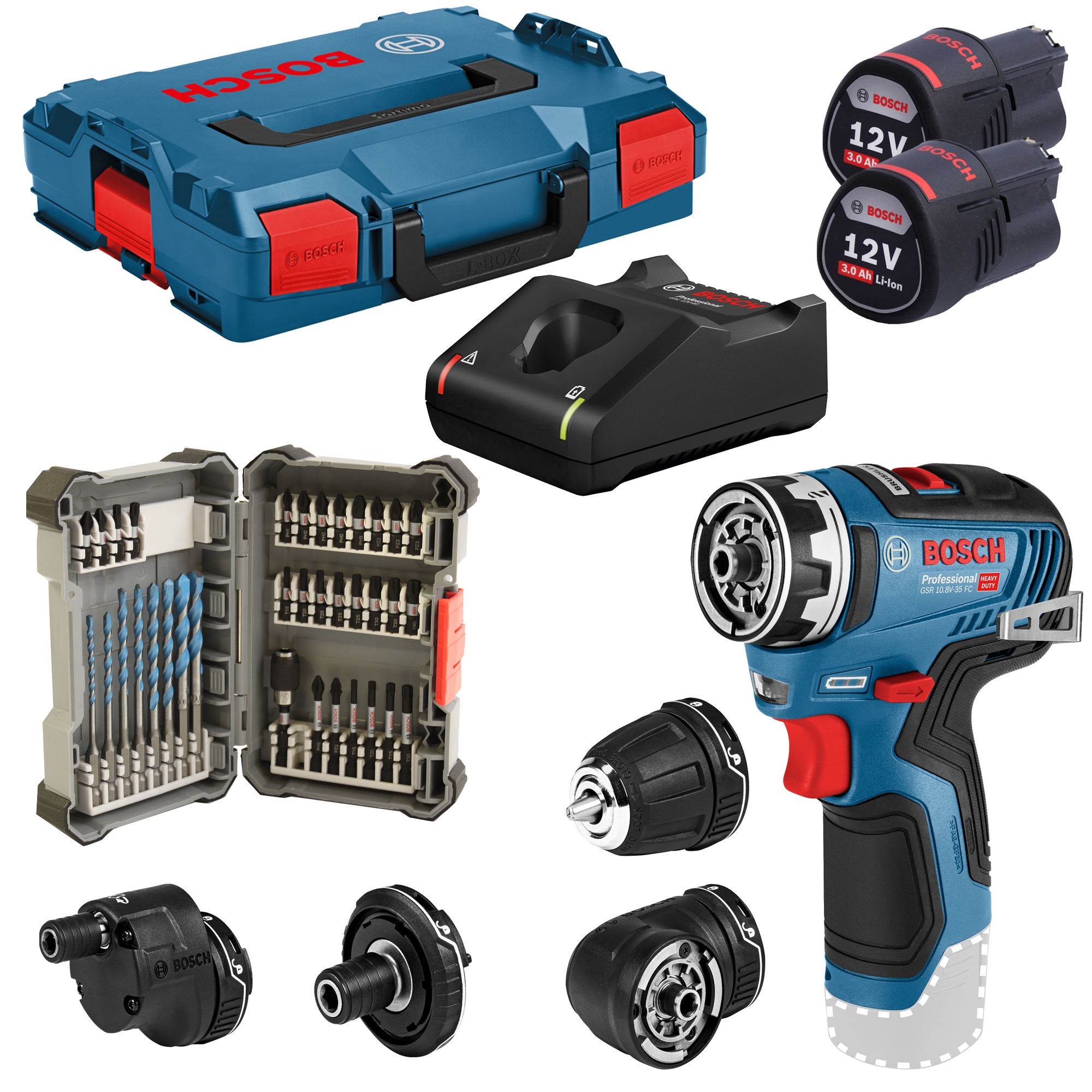 Bosch Akku-Bohrschrauber GSR 12V-35 FC Akkus|Lader|4 Aufsätze|L-BOXX|Bits+Bohrer