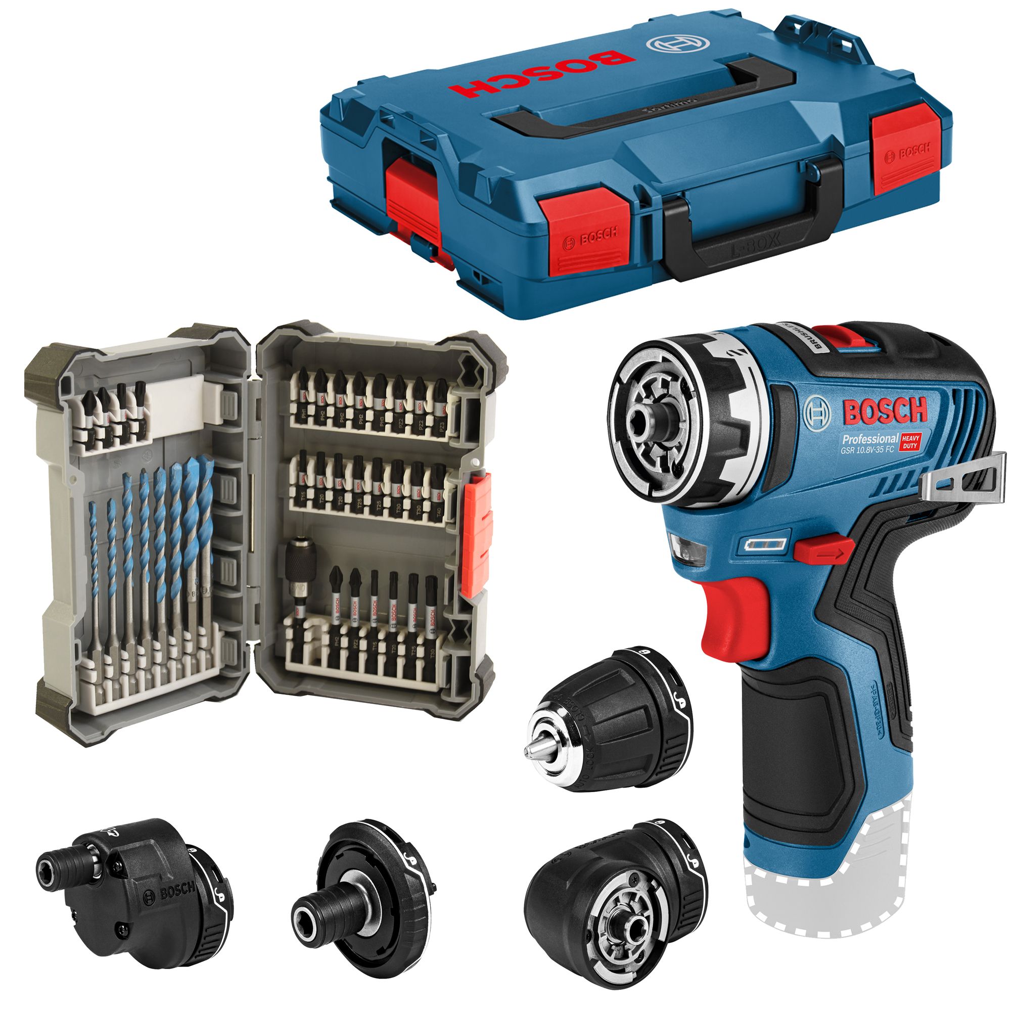 Bosch Bohrschrauber GSR 12V-35 FC ohne Akku + 4 Aufsätze + L-Boxx + Bits+Bohrer