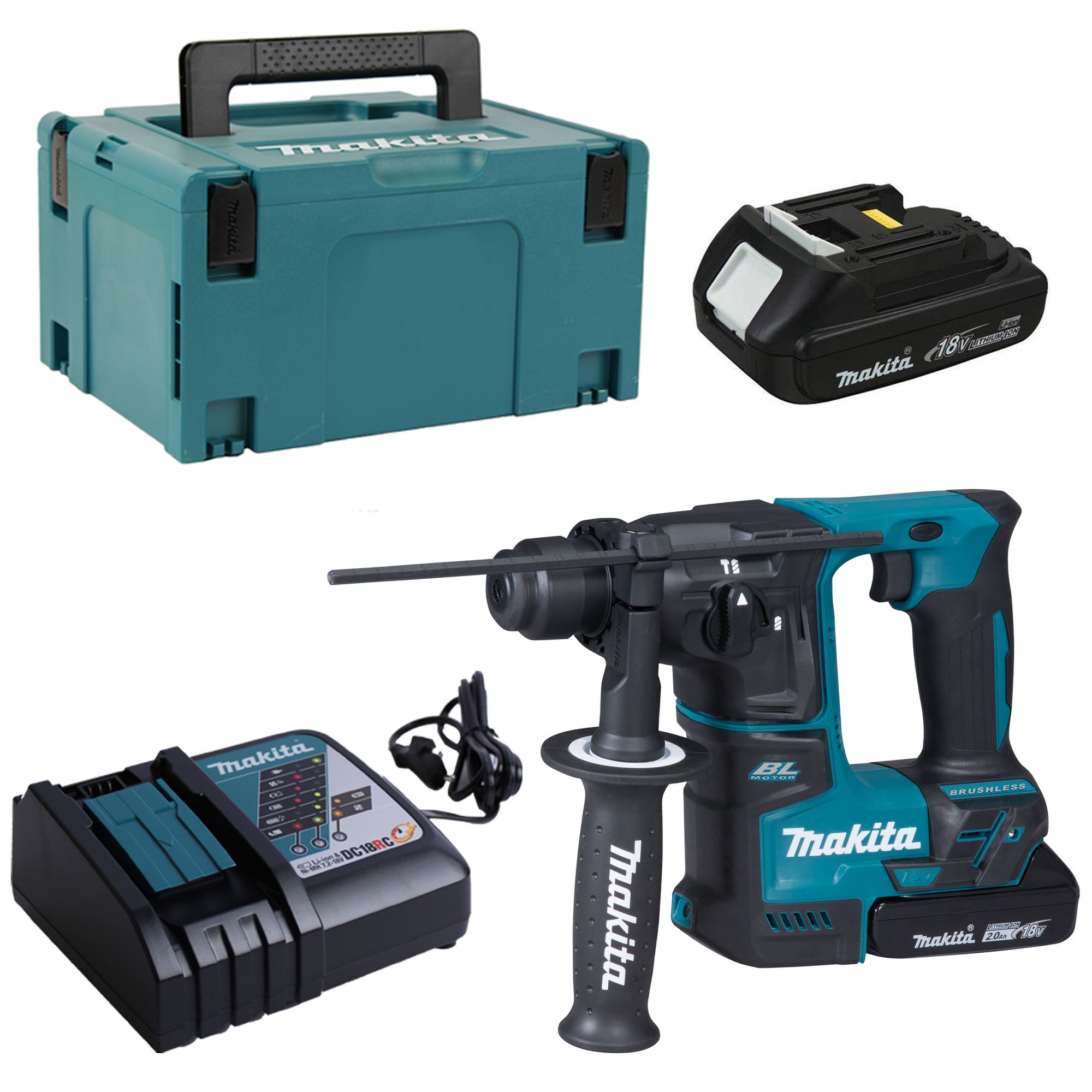 Makita Akku-Bohrhammer 18V DHR171RAJ SDS+ mit 2x 2,0 Ah Akku + Lader im MAKPAC 3