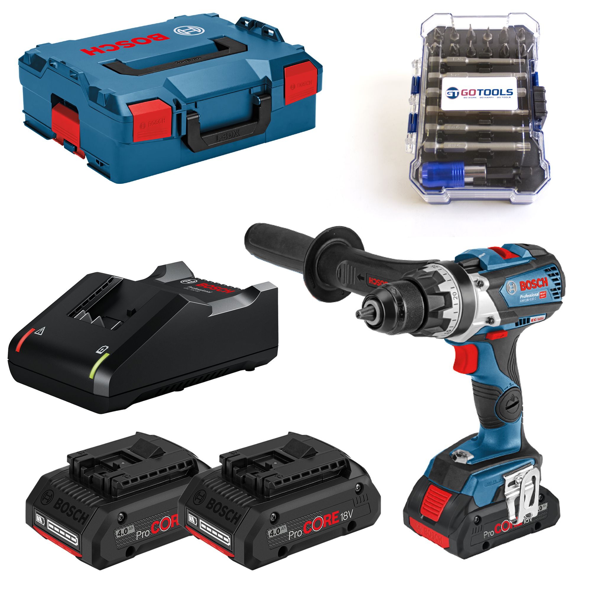 Bosch Bohrschrauber GSR 18V-110 C 3x 4,0 Ah + Lader + GOTOOLS Bitset in L-BOXX