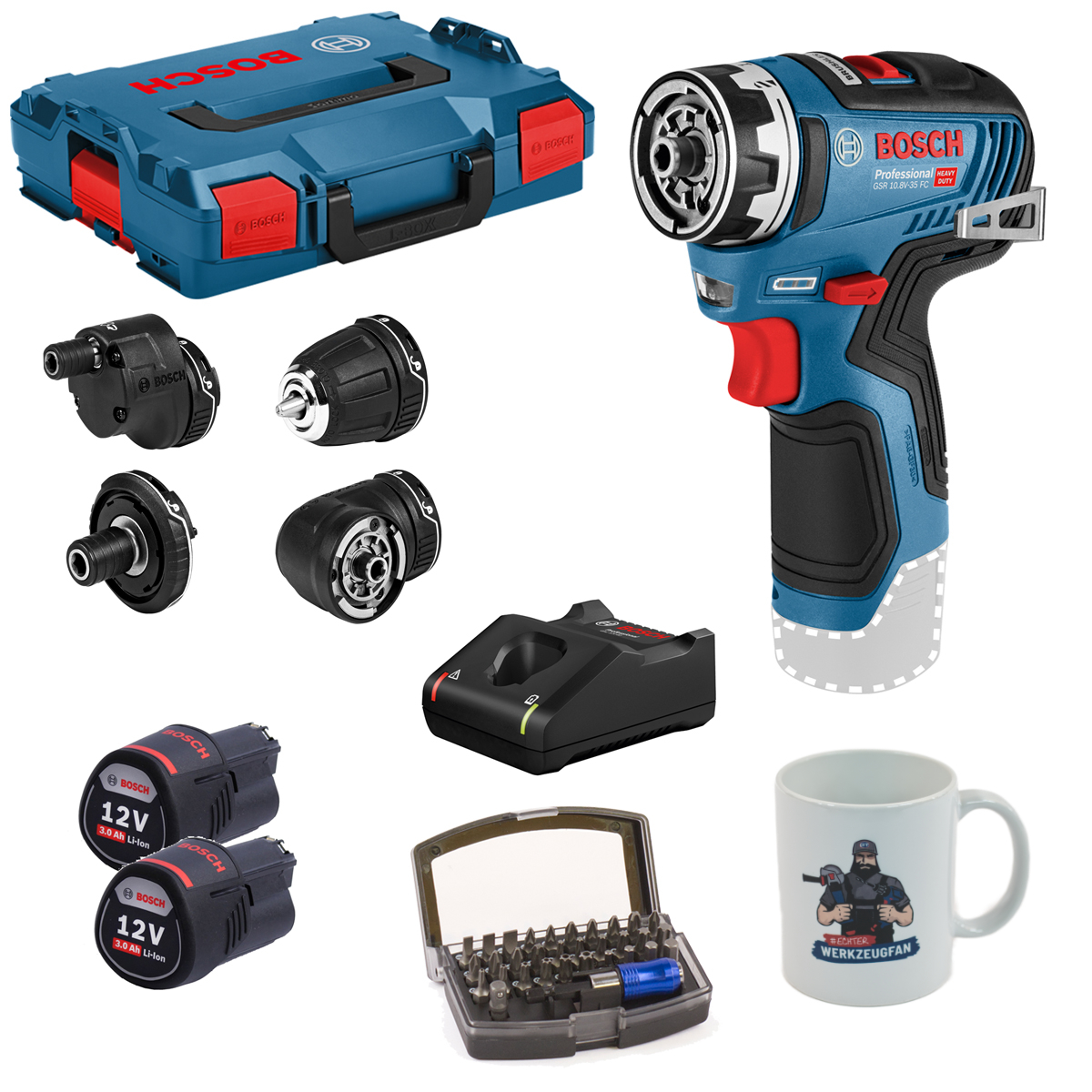 Bosch GSR 12V-35 FC Set mit 4 Aufsätzen in L-BOXX + GT Kaffeetasse + Bitset 32