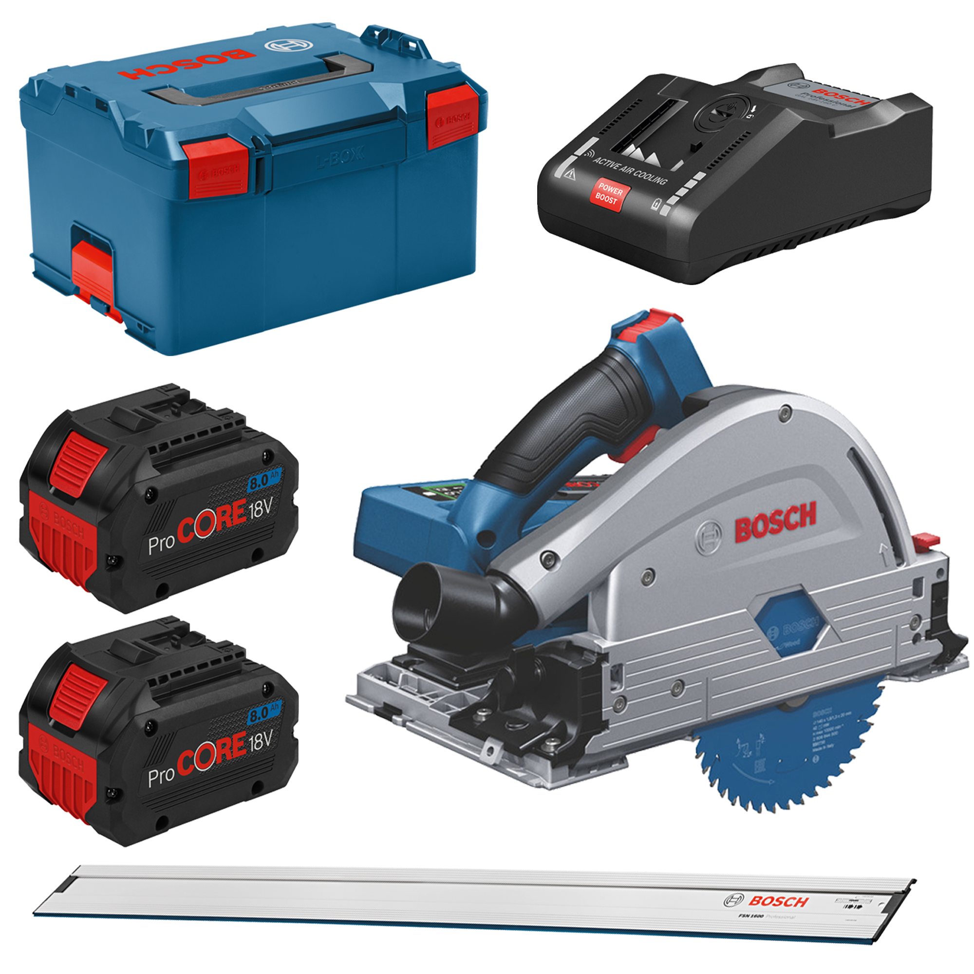 Bosch Akku-Tauchsäge GKT 18V-52 GC mit 2x 8,0 Akkus + Lader in L-BOXX + FSN 1600