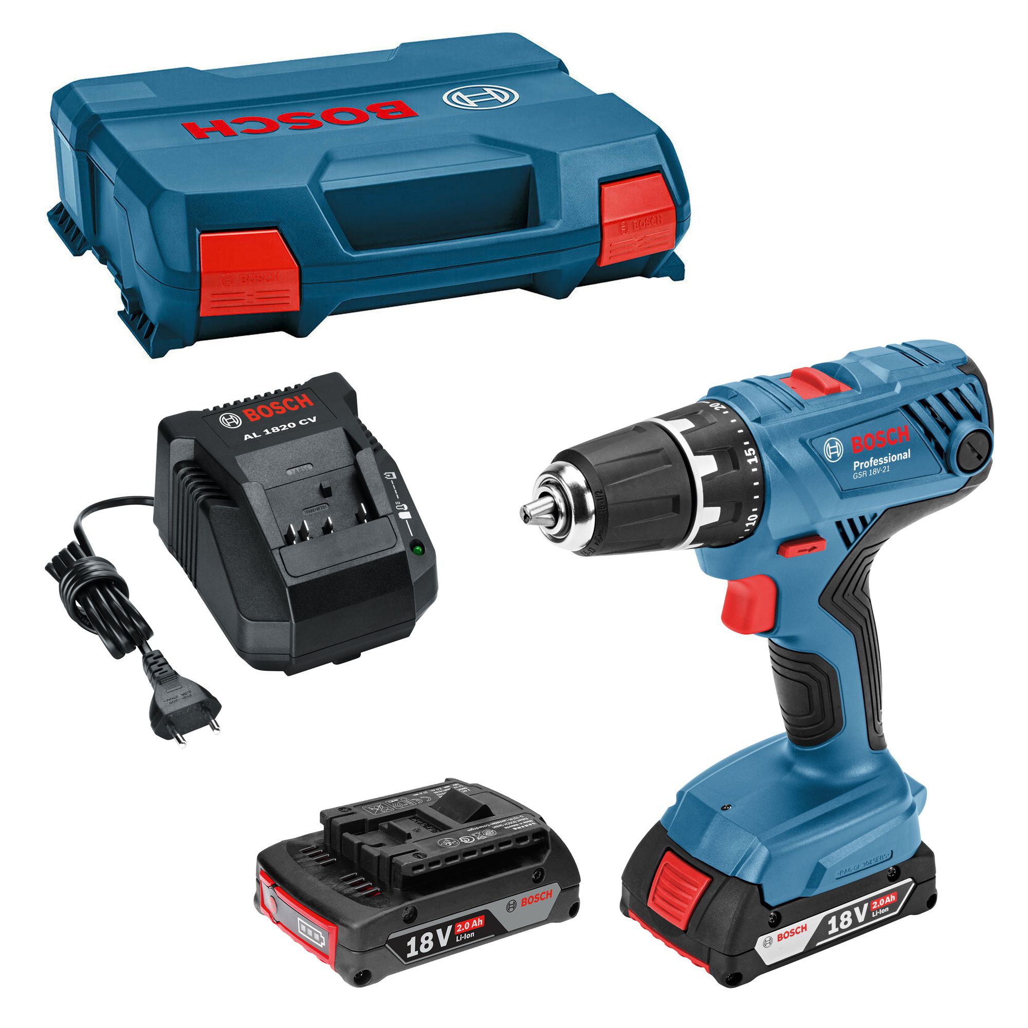 Bosch Akku-Bohrschrauber GSR 18V-21 mit 2x 2,0 Ah Akkus + Lader in L-Case