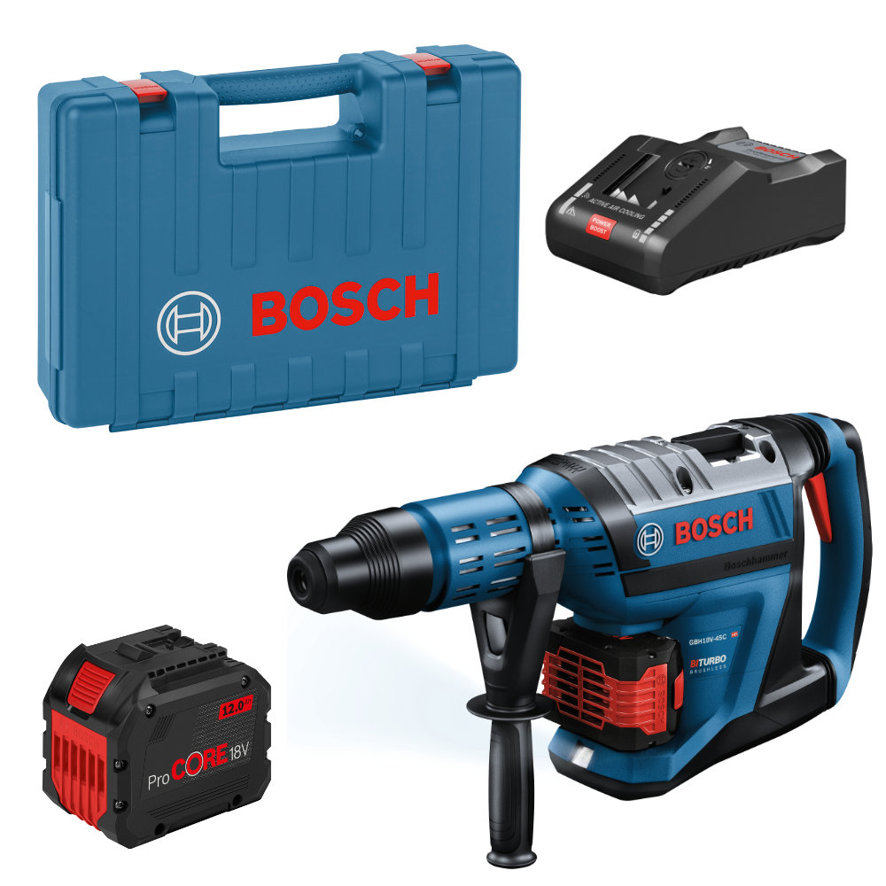Bosch Akku-Bohrhammer BITURBO GBH 18V-45 C mit 2x12 Ah Akkus und Lader im Koffer