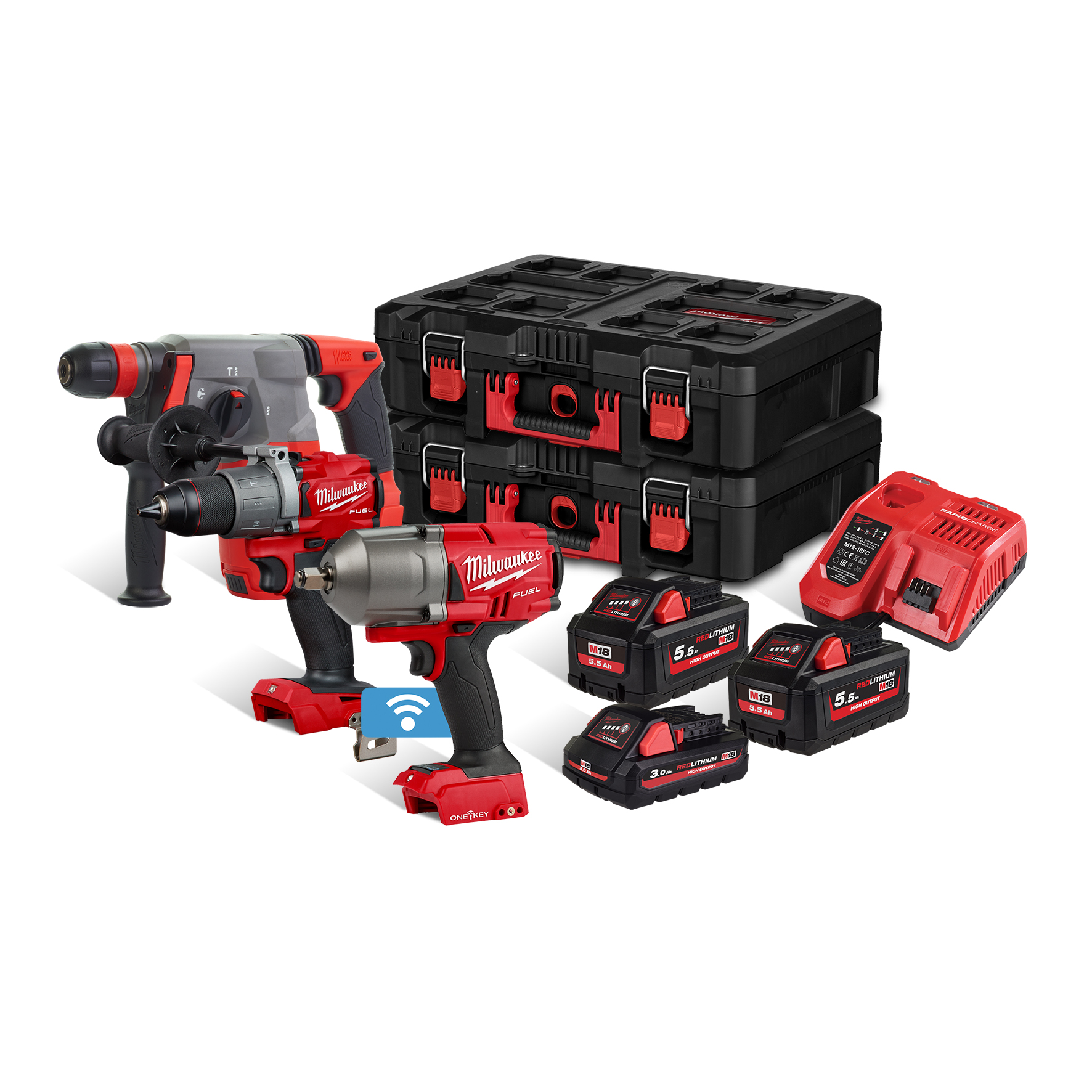 Milwaukee Aktionsset M18FFP3Q2-533P 1x 3,0 Ah 2x 5,5 Ah + Lader in PACKOUT Boxen