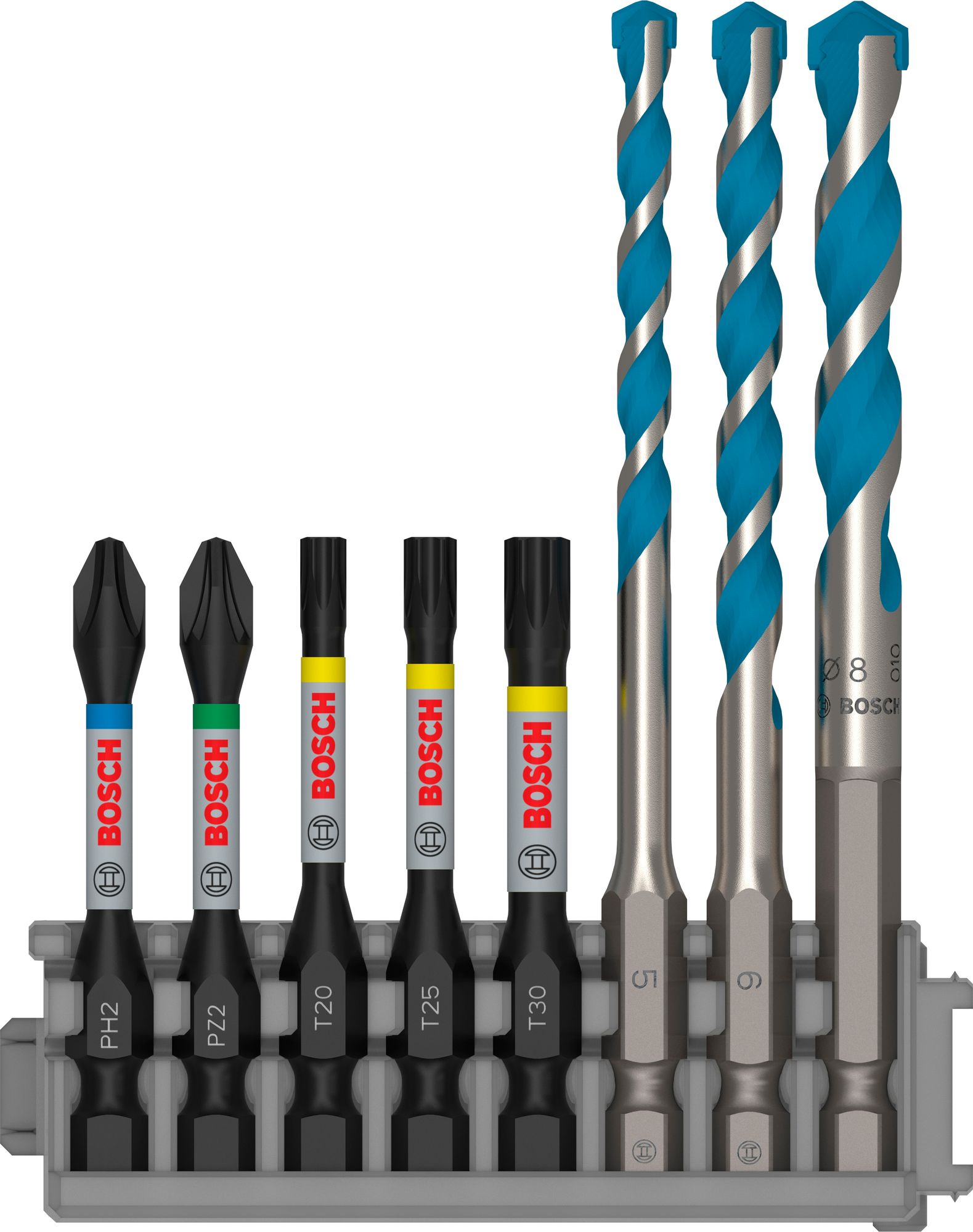 Bosch PRO Impact Set mit Multi Construction Bohrer und Pick and Click-Index, PH2 x 50 mm, PZ2 x 50 mm, T20 x 50 mm, T25 x 50 mm, T30 x 50 mm, MC 5/6/8 x 50 mm, 8-tlg.