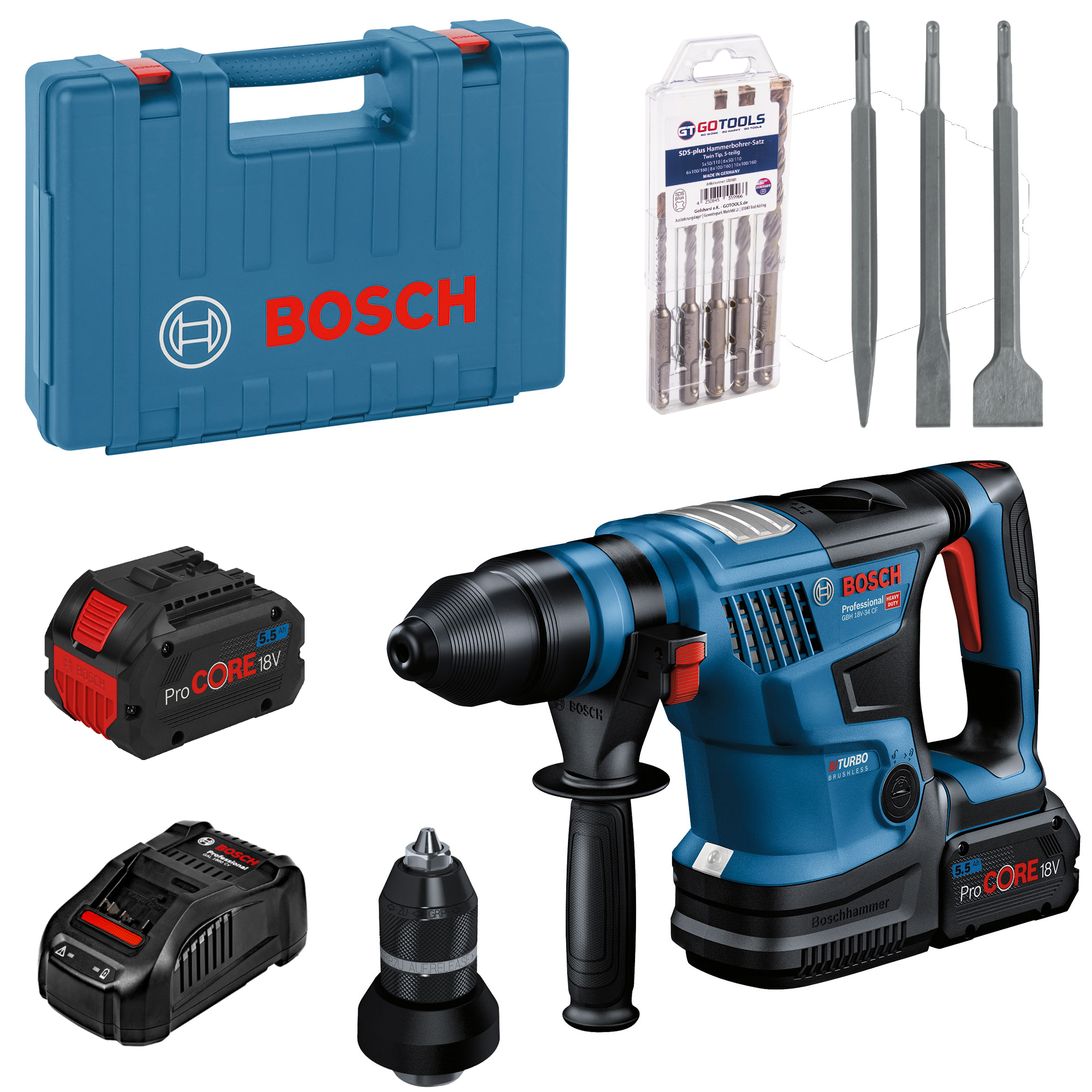 Bosch Akku-Bohrhammer-Set GBH 18V-34 CF + Hammerbohrer-Set 5tlg. + Meisselset 3t
