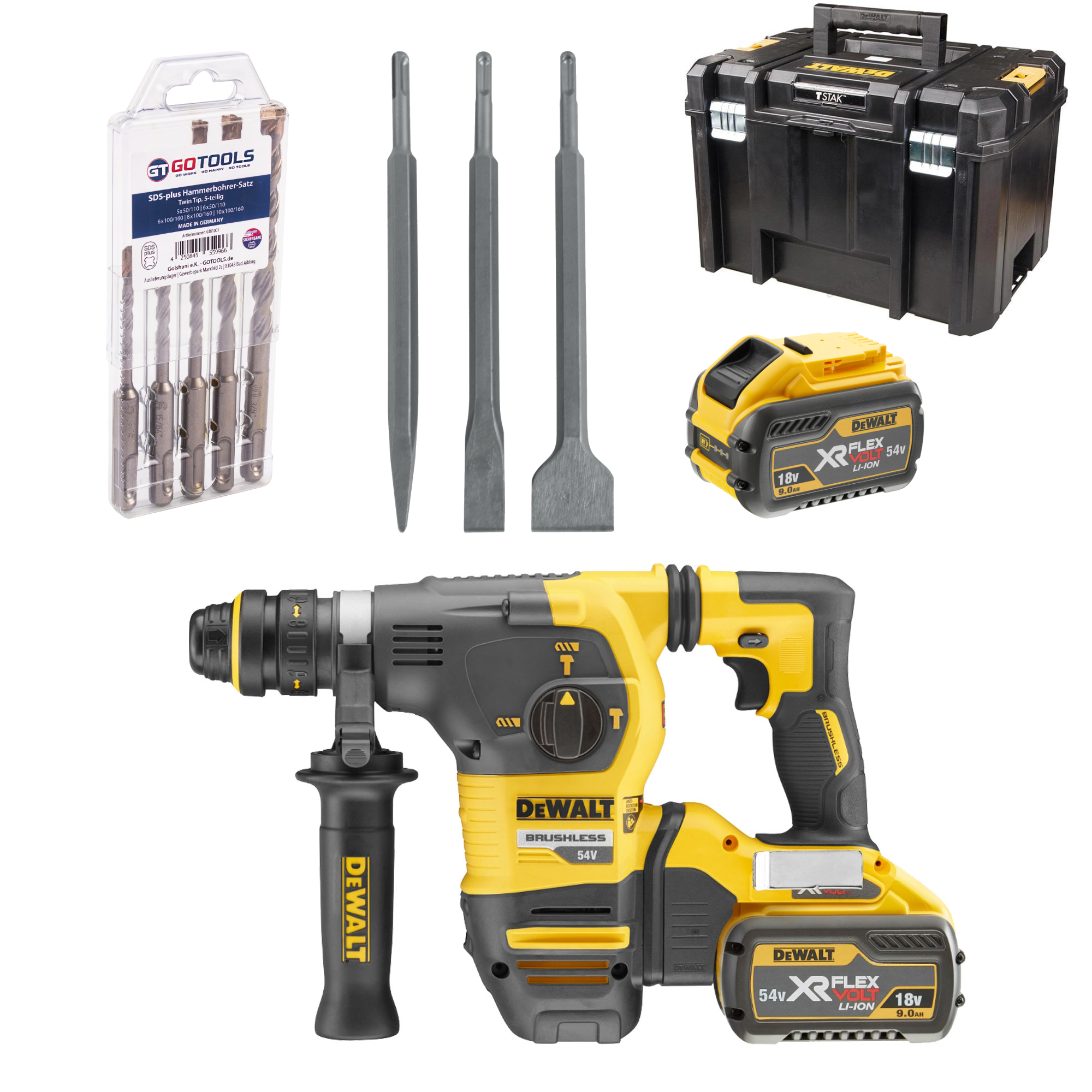 DEWALT Akku-Bohrhammer DCH334X2 + Hammerbohrer-Set 5t lg. + Meisselset 3 tlg.