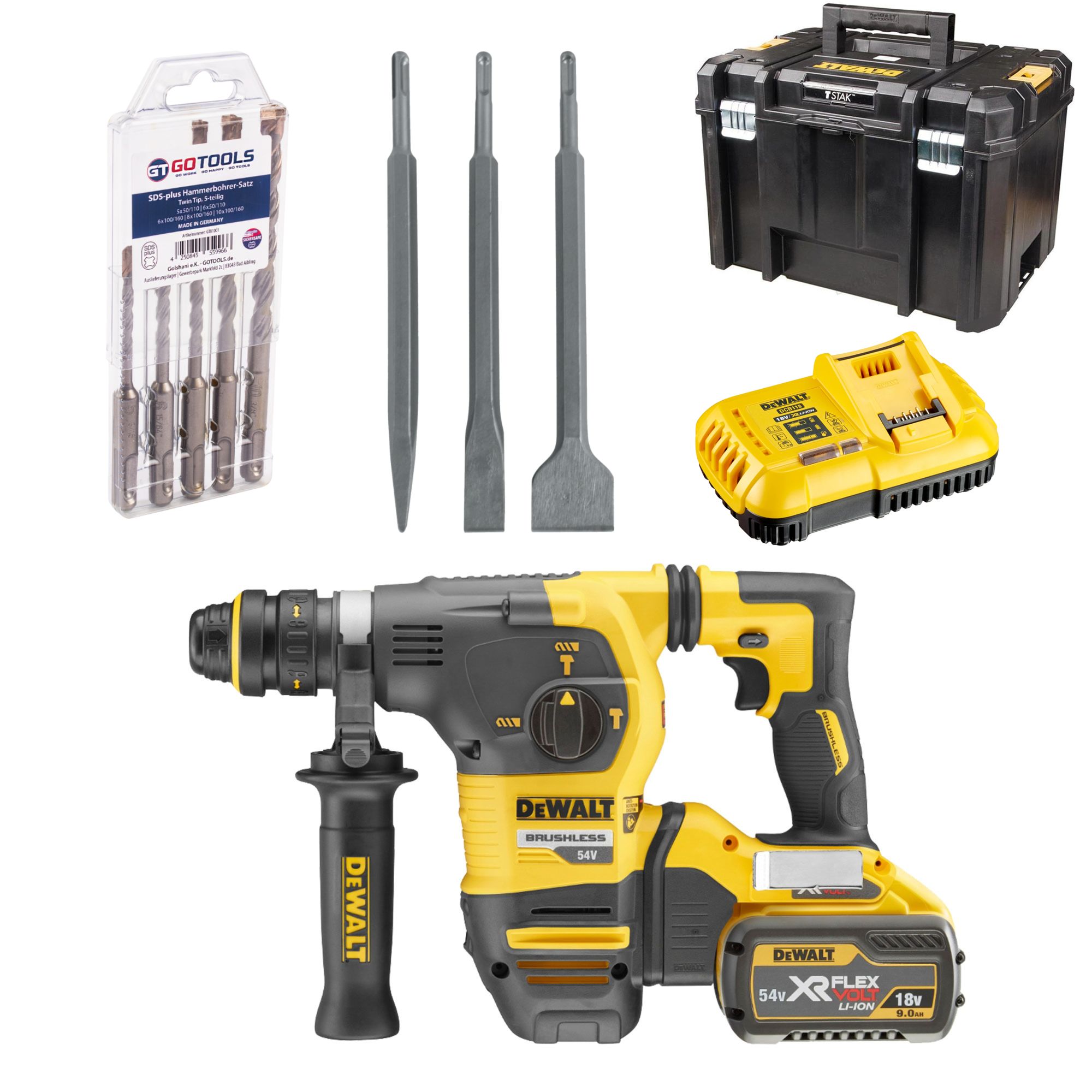 DEWALT Akku-Bohrhammer-Set DCH333+Akku DCB547+Ladegerät DCB118+Bohrer+Meißel