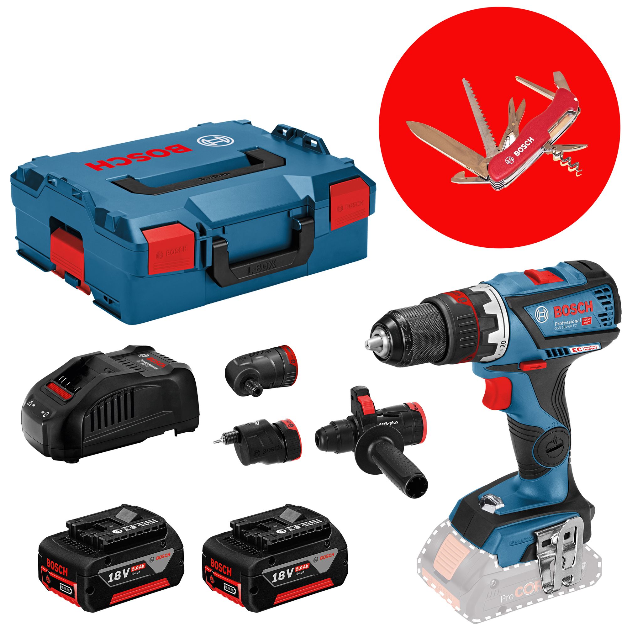 Bosch GSR 18V-60 FC mit 2x 5,0 Ah + Lader + 4 Aufsätze in L-BOXX + Bosch Victorinox Pocket Knife T2/18