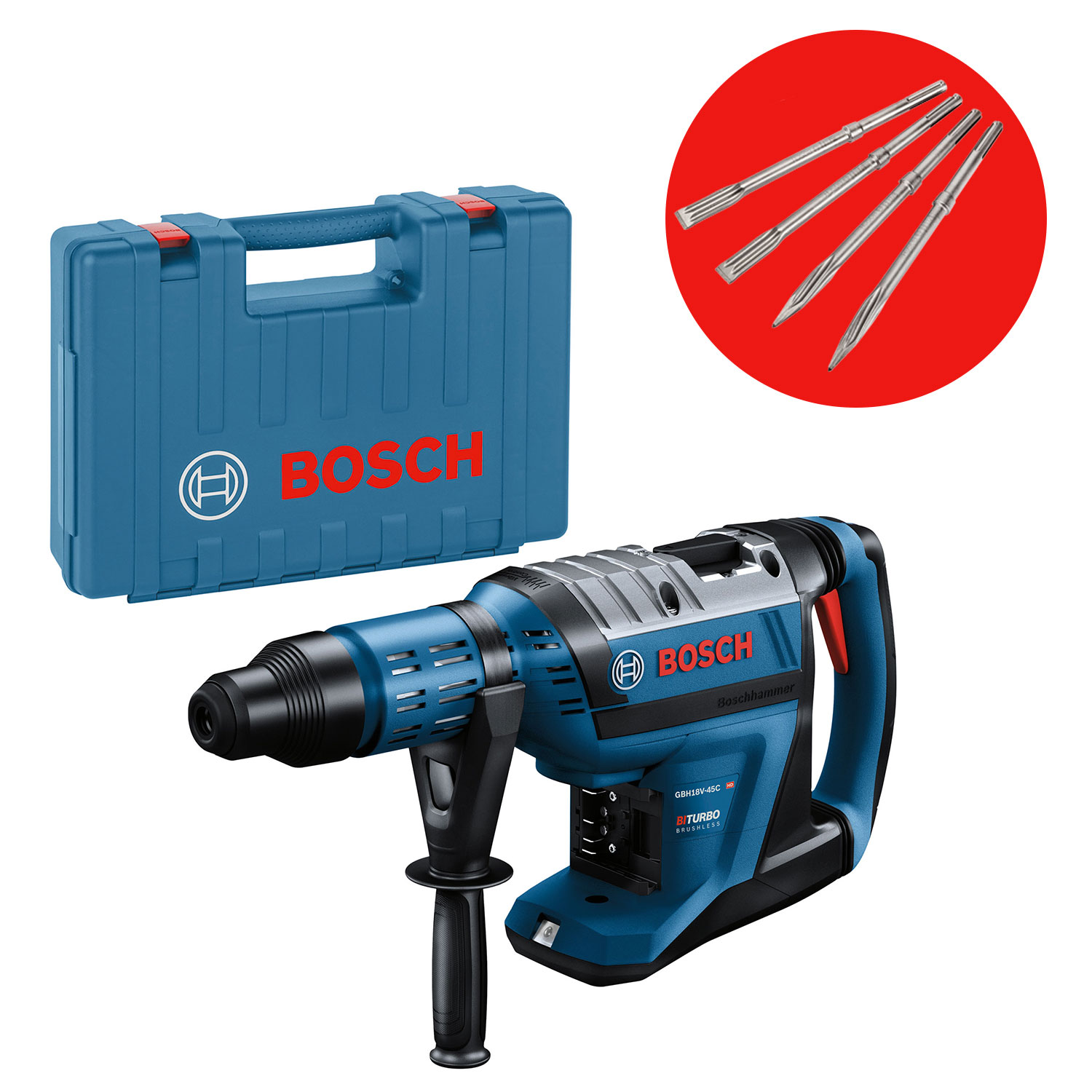 Bosch BITURBO Bohrhammer GBH 18V-45 C SDS-MAX SOLO im Koffer + 4tlg. Meisselset