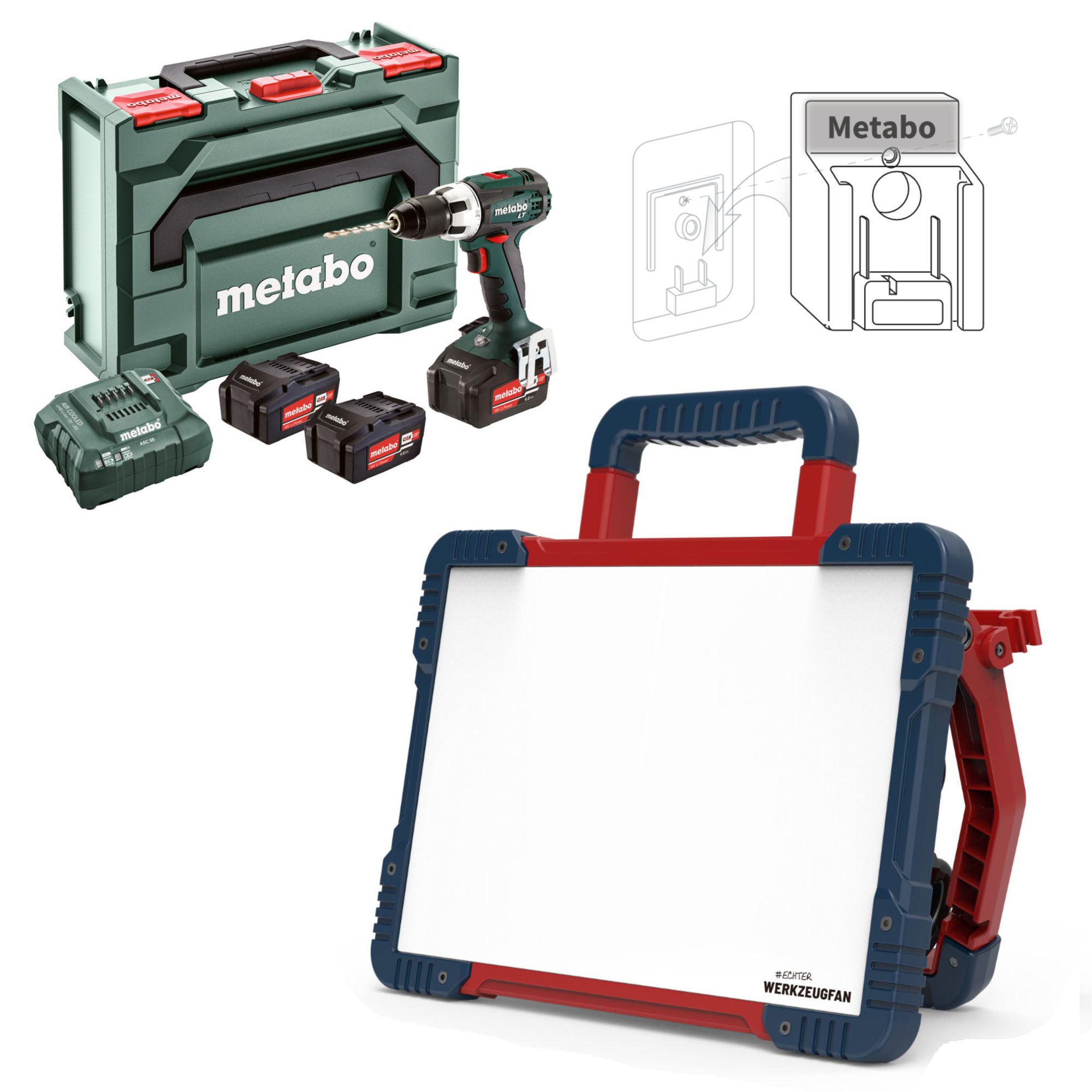Echter Werkzeugfan Set LED Hybrid Baustrahler 5500 Lumen + Metabo BS 18 LT